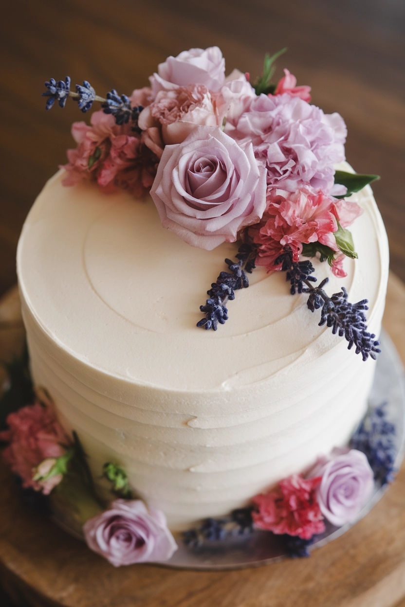 Cake decorated with fresh flowers.