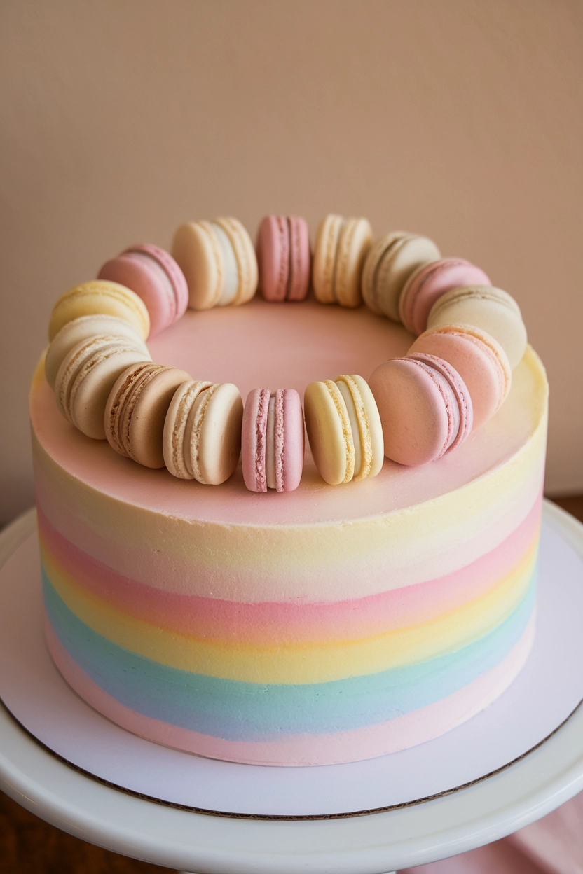 Cake topped with macarons.
