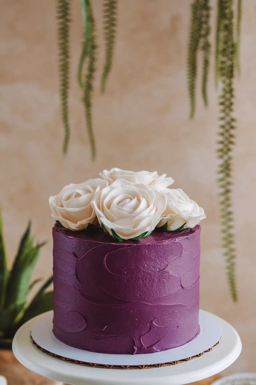 Cake with deep purple frosting.