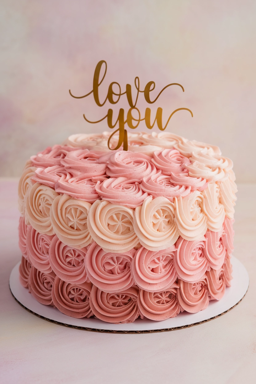 Cake with pink buttercream rosettes.