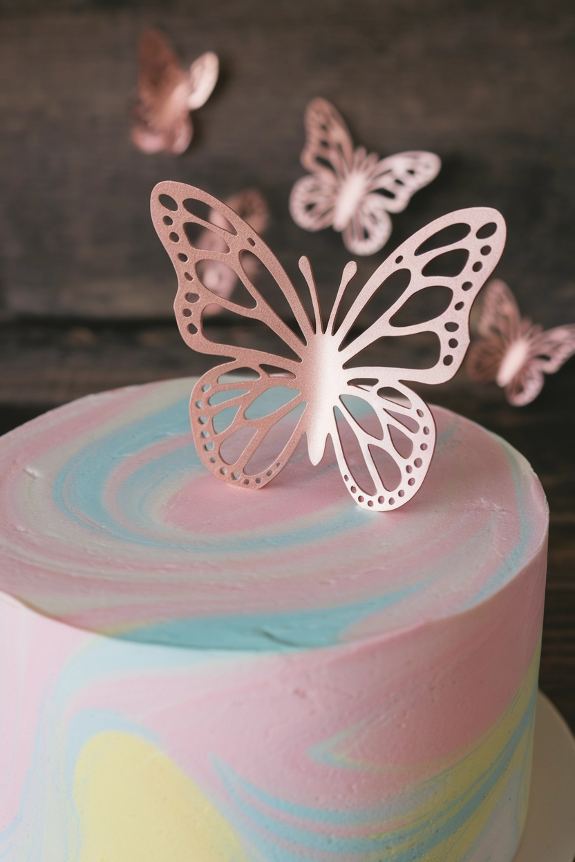 Cake with rose gold butterfly decor.