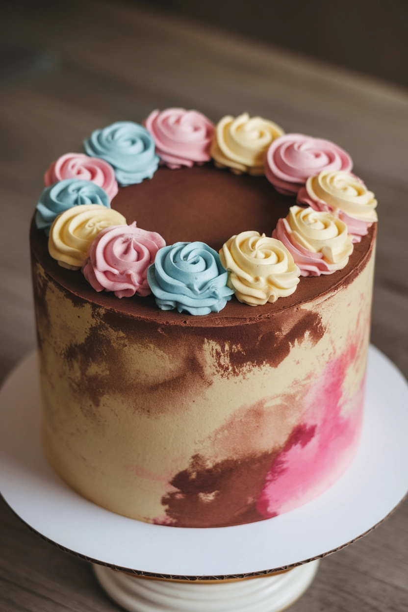Cake with watercolor effect and rosettes.