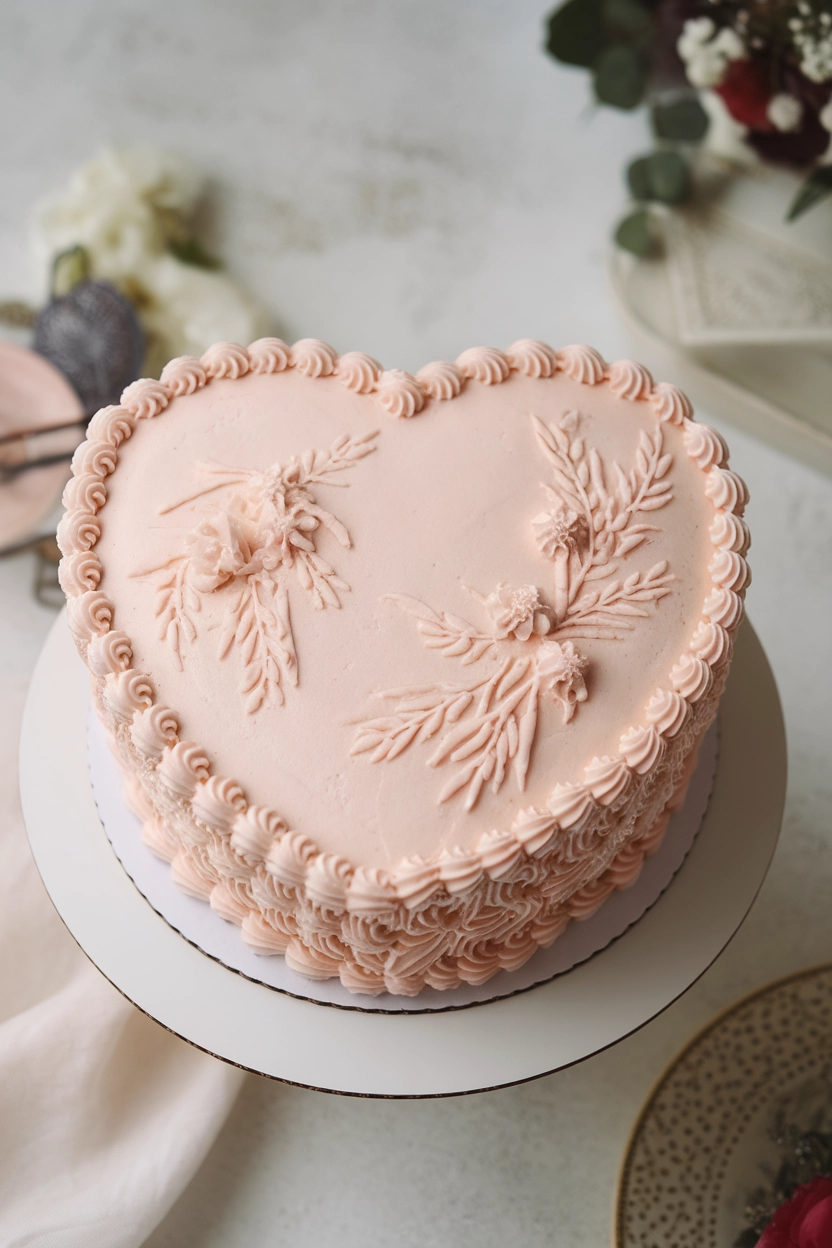 Heart shaped cake with pink frosting.