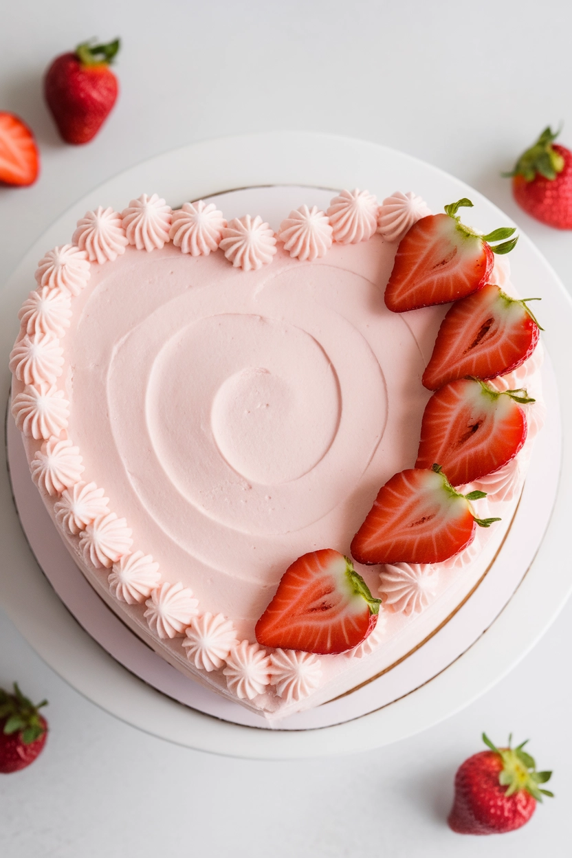Heart-shaped cake with strawberries.