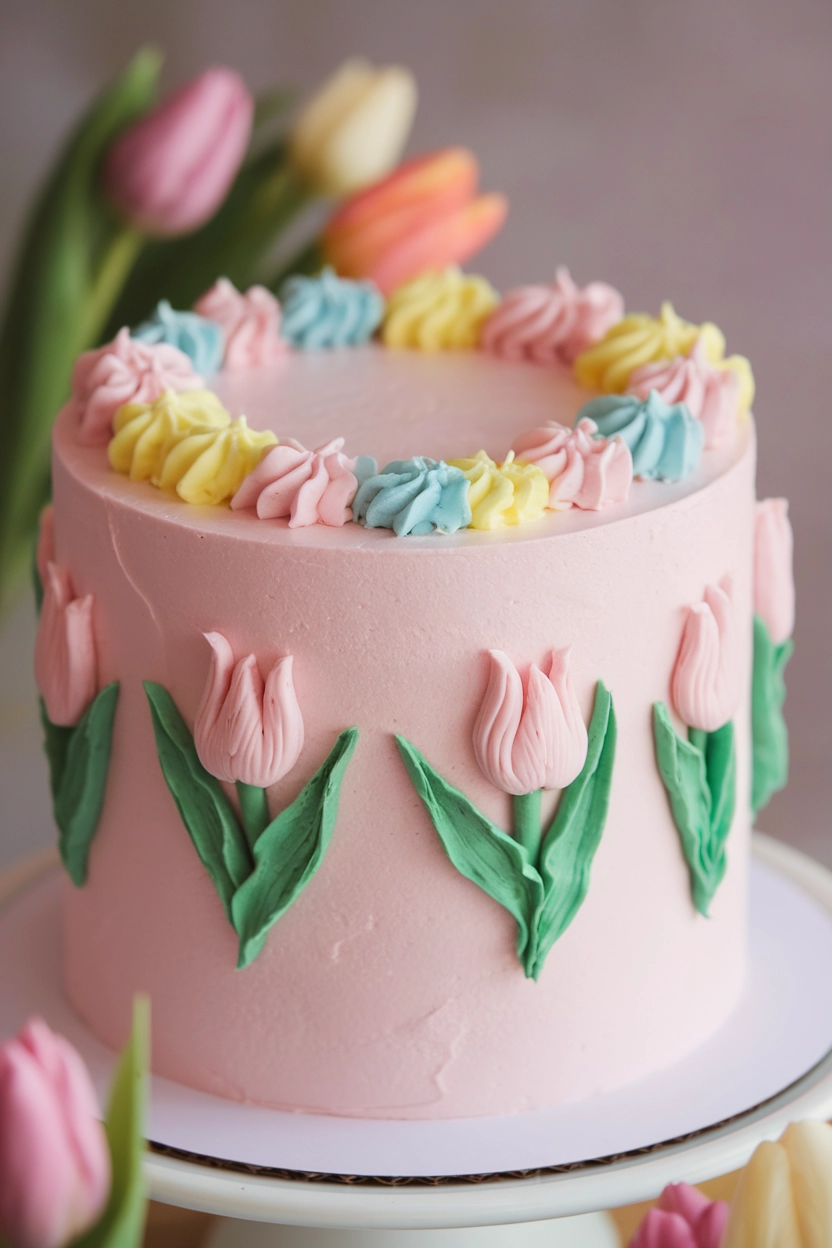 Pink cake with tulip designs.