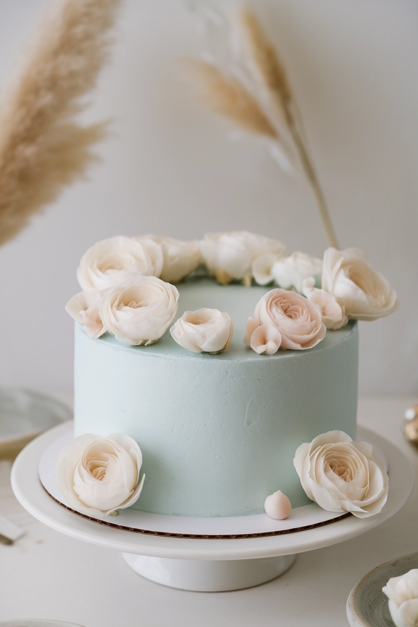Powder blue cake with white flowers.
