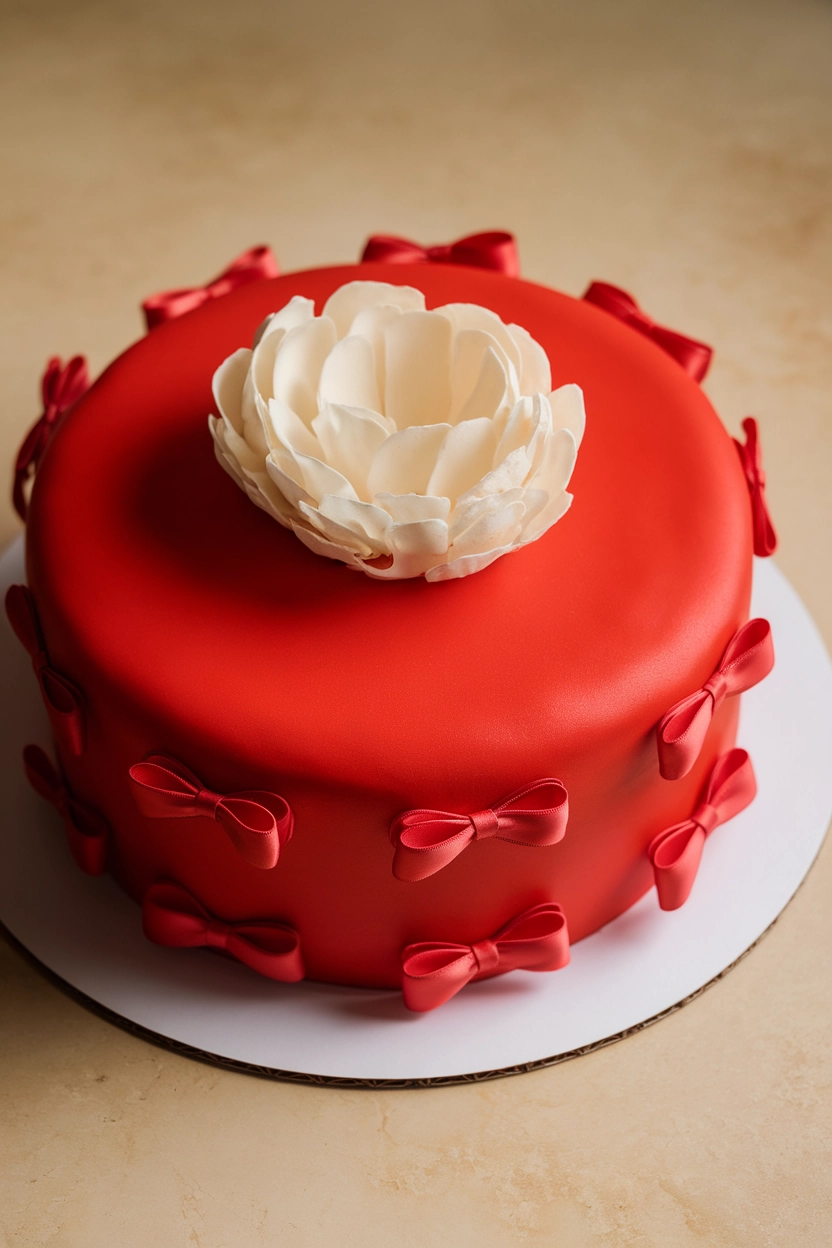 Red cake with ribbon bows.