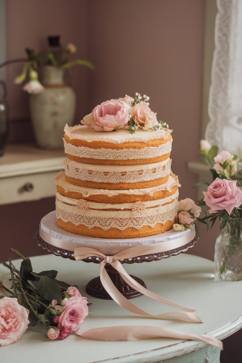 Vintage style cake with lace patterns.