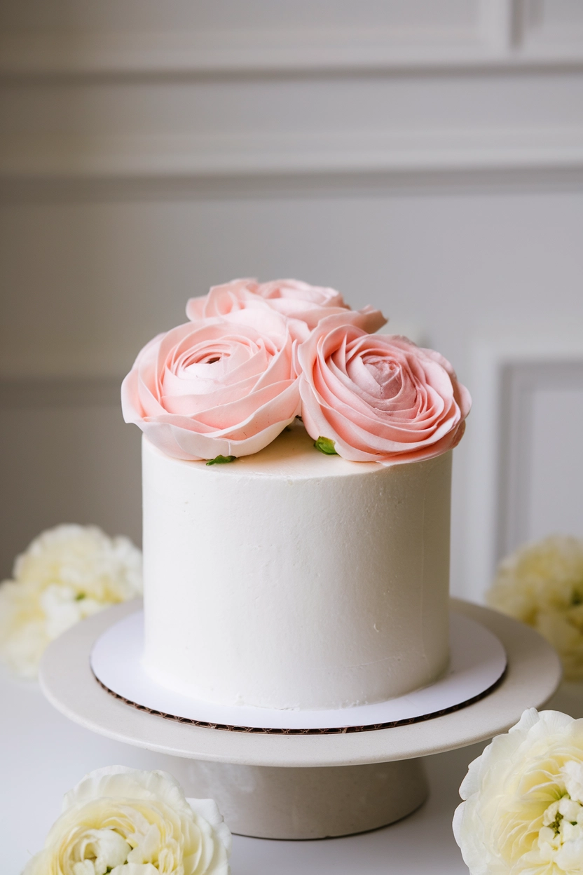White cake with pink roses.